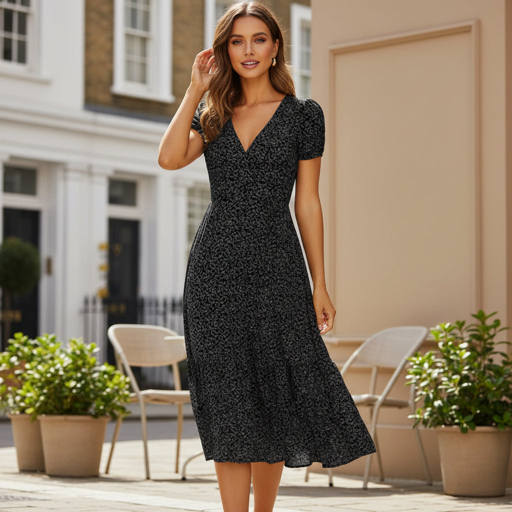 Women’s Summer Dress | A-Line Silhouette, Elegant V-Neck-Women's Dresses-Zeravi-Black-S-Zeravi